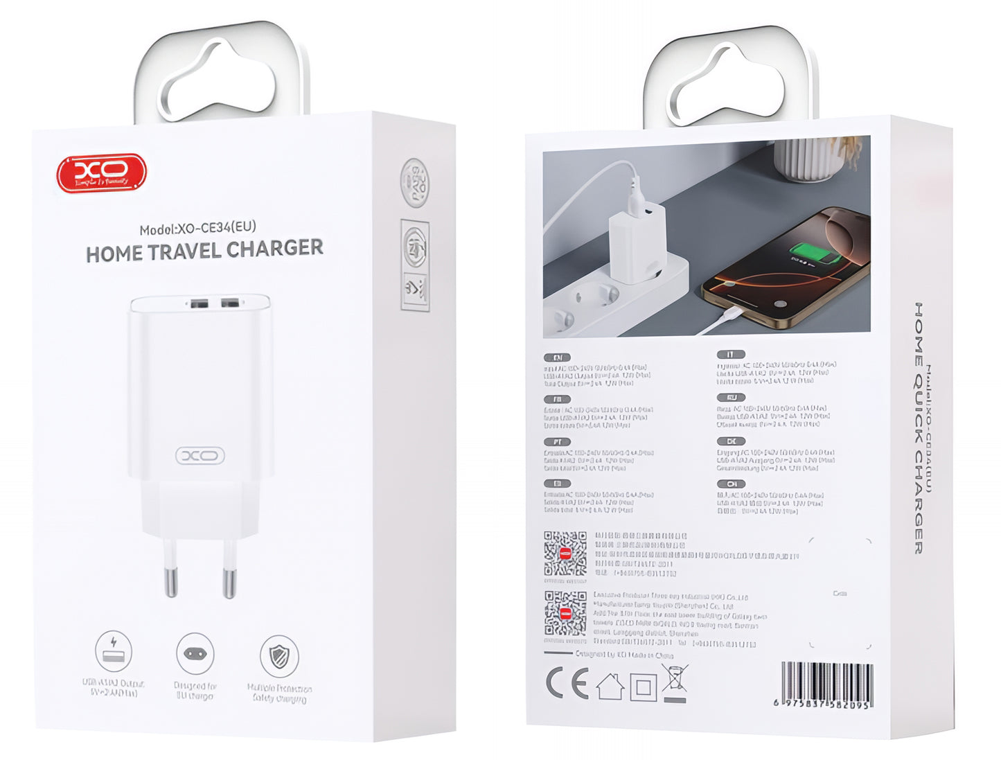 Caricabatterie da Rete con Cavo Lightning XO Design CE34, 12W, 2.4A, 2 x USB-A, Bianco