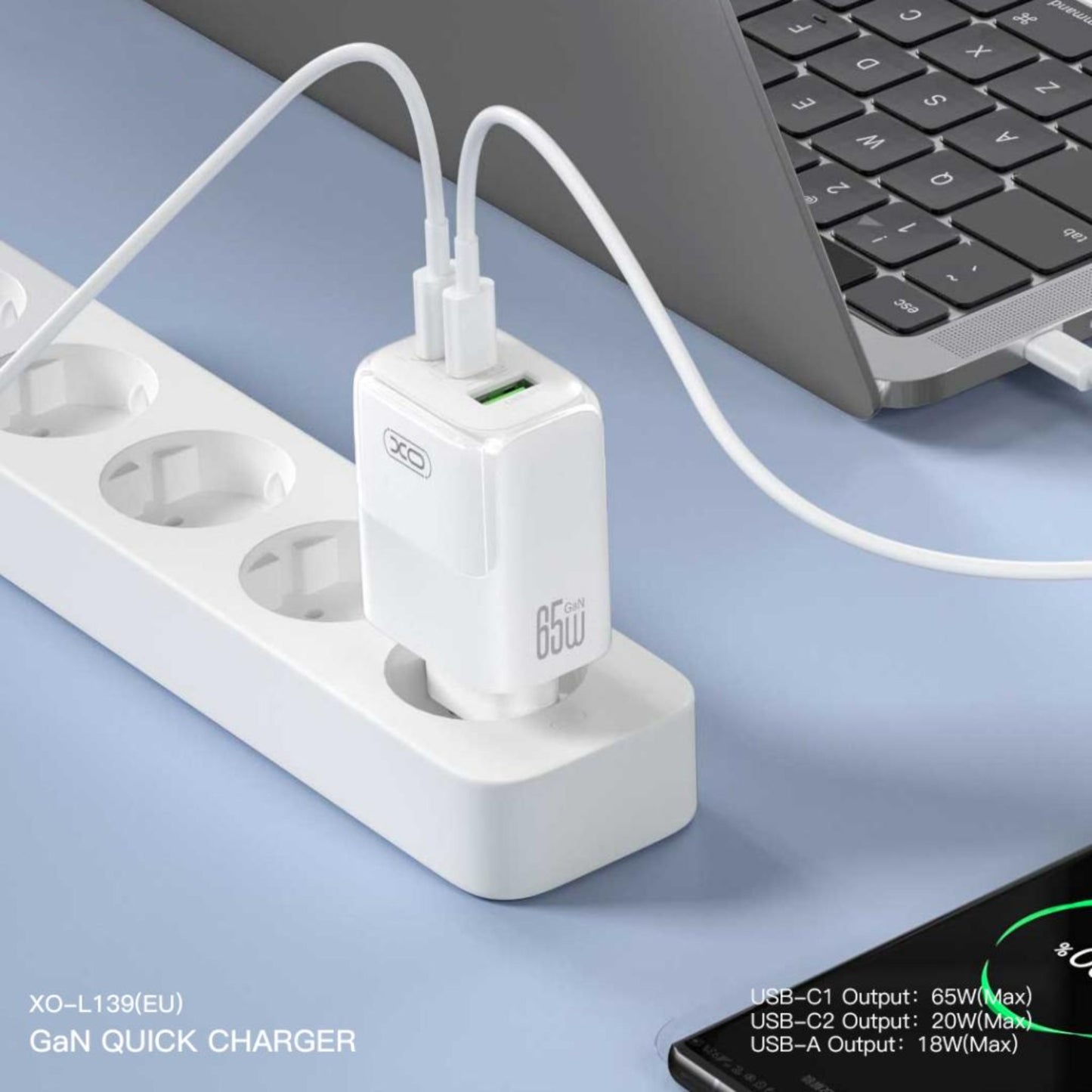 Caricabatterie da Rete con Cavo USB-C XO Design L139, 65W, 4.5A, 1 x USB-A - 2 x USB-C, Bianco