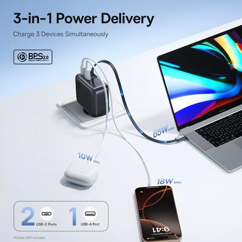 Caricabatterie Rete Con Cavo USB-C Baseus EnerCore CJ11, 100W, 1 x USB-A - 2 x USB-C, Nero E0120M00