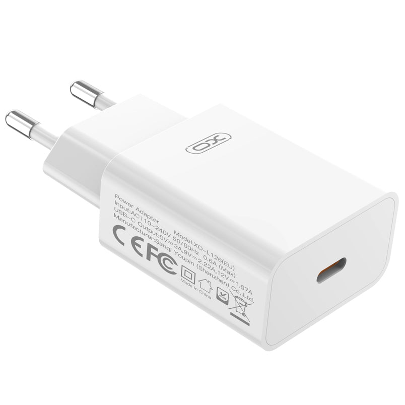 Caricatore da rete con cavo Lightning XO Design L126, 20W, 3A, 1 x USB-C, Bianco