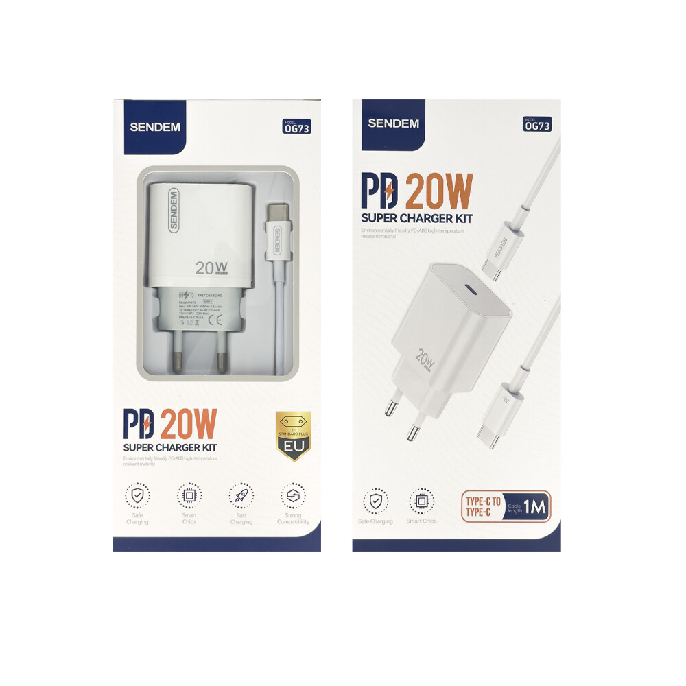 Caricatore da Rete con Cavo USB-C Sendem OG73, 20W, 3A, 1 x USB-C, Bianco