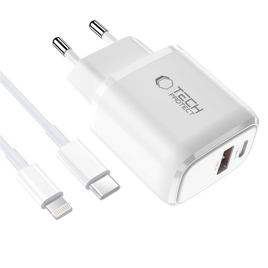 Caricatore da rete con cavo Lightning Tech-Protect NCA20, 20W, 3A, 1 x USB-A - 1 x USB-C, Bianco