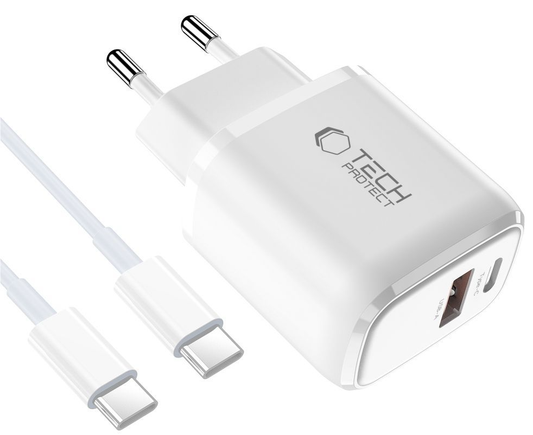Caricatore da Rete con Cavo USB-C Tech-Protect NCA20, 20W, 3A, 1 x USB-A - 1 x USB-C, Bianco