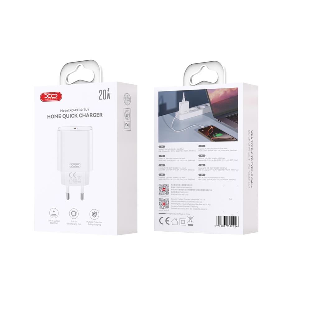 Caricatore da rete con cavo Lightning XO Design CE32, 20W, 3A, 1 x USB-C, Bianco