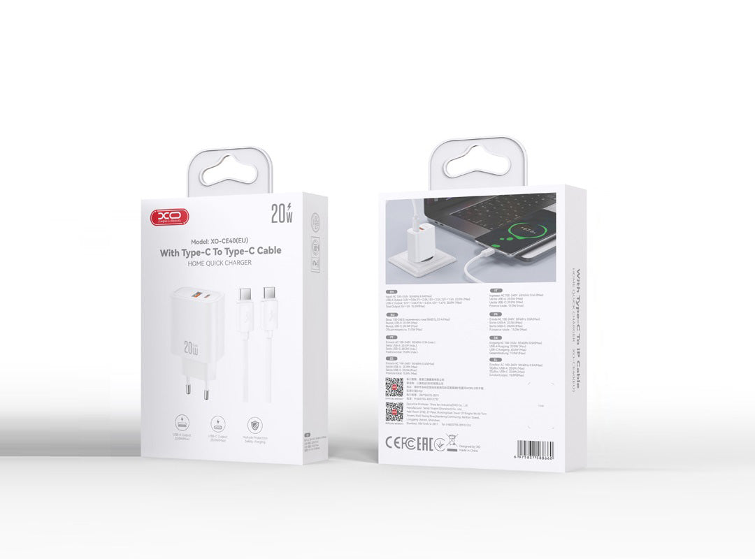 Caricatore da rete con cavo USB-C XO Design CE40, 20W, 3A, 1 x USB-A - 1 x USB-C, Bianco