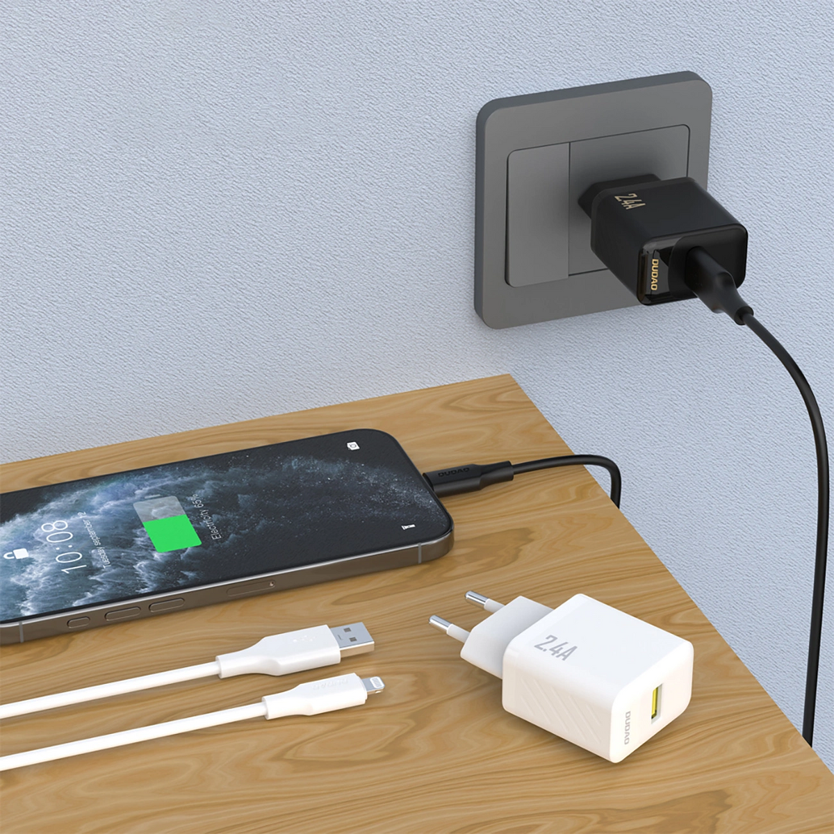 Caricatore da rete con cavo Lightning Dudao A23LEU, 30W, 2.4A, 1 x USB-A, Bianco