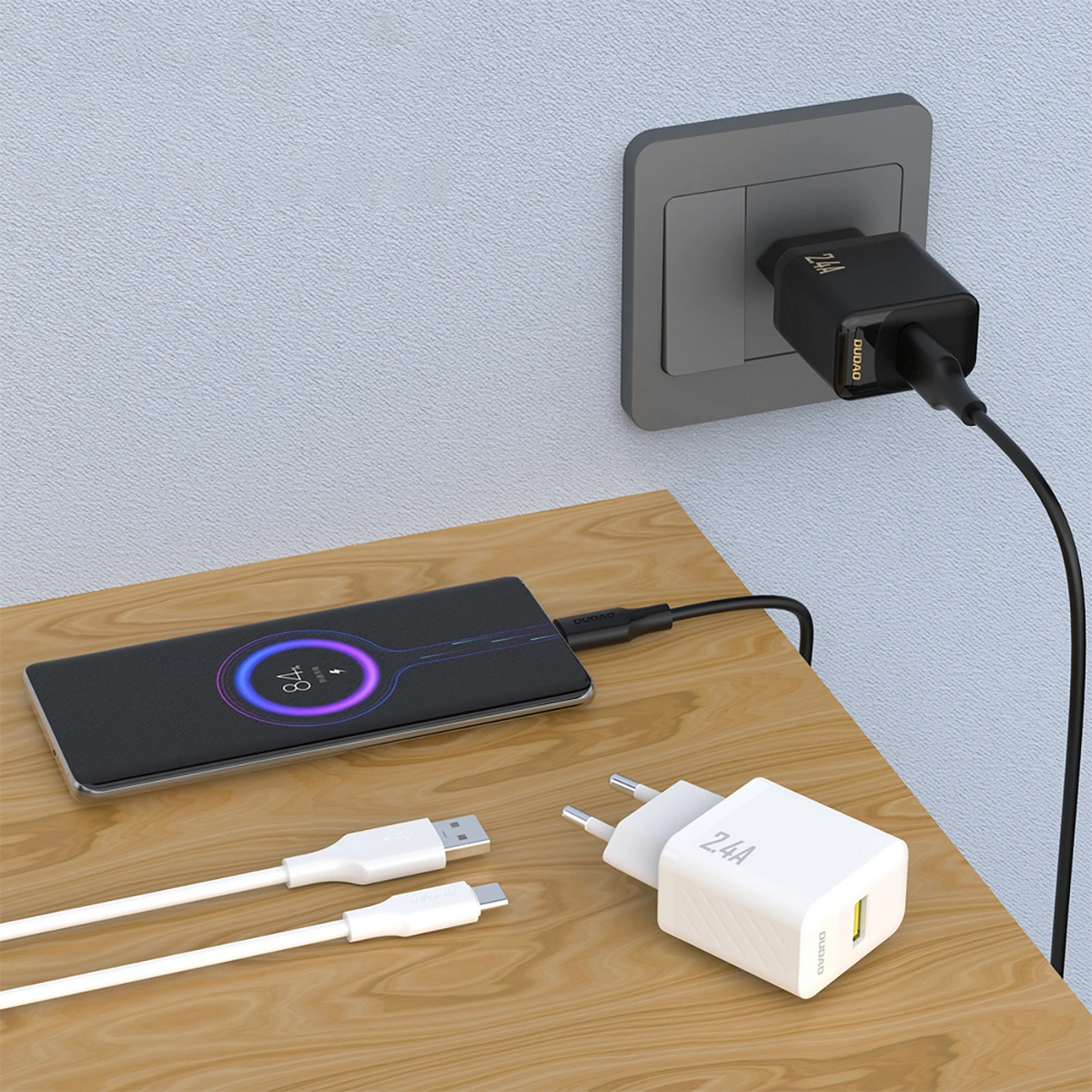 Dudao A23TEU USB-C Cable Wall Charger, 12W, 2.4A, 1 x USB-A, White