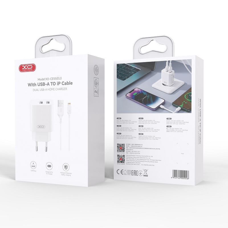 Caricatore da rete con cavo Lightning XO Design CE55, 12 W, 2,4 A, 2 x USB-A, bianco