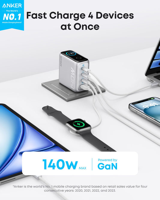 Caricabatterie Rete Con Cavo USB-C Anker Zolo, 140W, 5A, 1 x USB-A - 3 x USB-C, Argento B2697G41