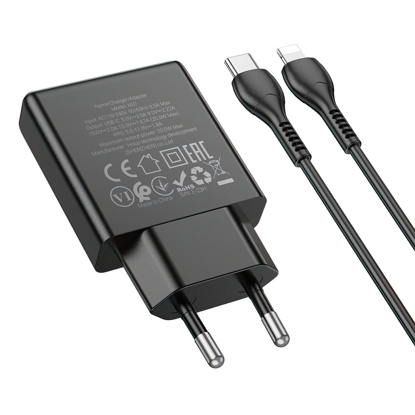 Caricabatterie da Rete con Cavo Lightning HOCO N37, 30W, 3A, 1 x USB-C, Nero