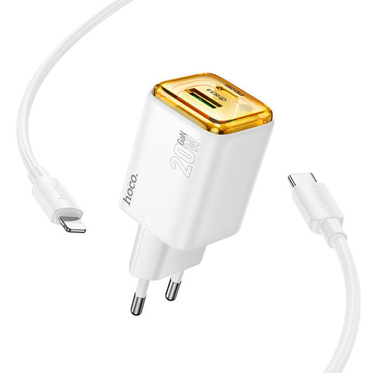Caricabatterie da Rete con Cavo USB-C HOCO N52, 20W, 3A, 1 x USB-A - 1 x USB-C, Bianco