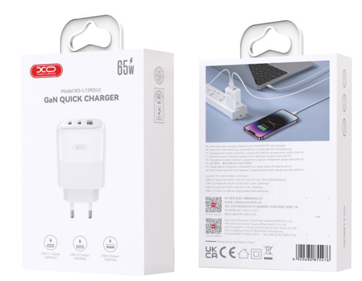 Caricabatterie da Rete con Cavo USB-C XO Design L139, 65W, 4.5A, 1 x USB-A - 2 x USB-C, Bianco