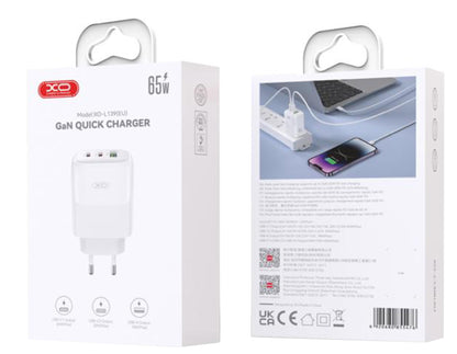 Caricabatterie da Rete con Cavo USB-C XO Design L139, 65W, 4.5A, 1 x USB-A - 2 x USB-C, Bianco