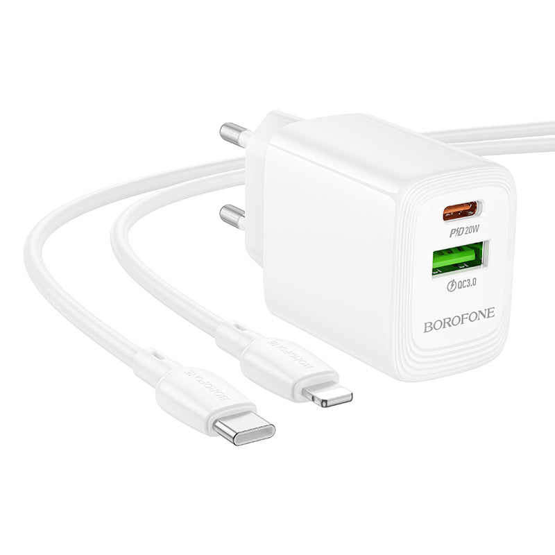 Caricabatterie da rete con cavo Lightning Borofone BN27 Fuente, 20W, 3A, 1 x USB-A - 1 x USB-C, Bianco
