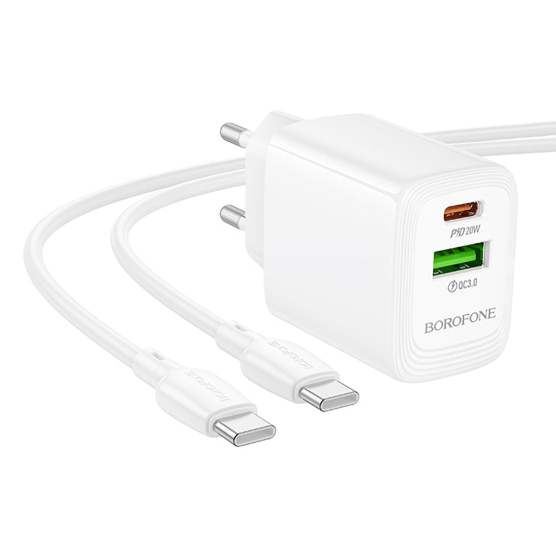 Network Charger with USB-C Cable Borofone BN27 Fuente, 20W, 3A, 1 x USB-A - 1 x USB-C, White