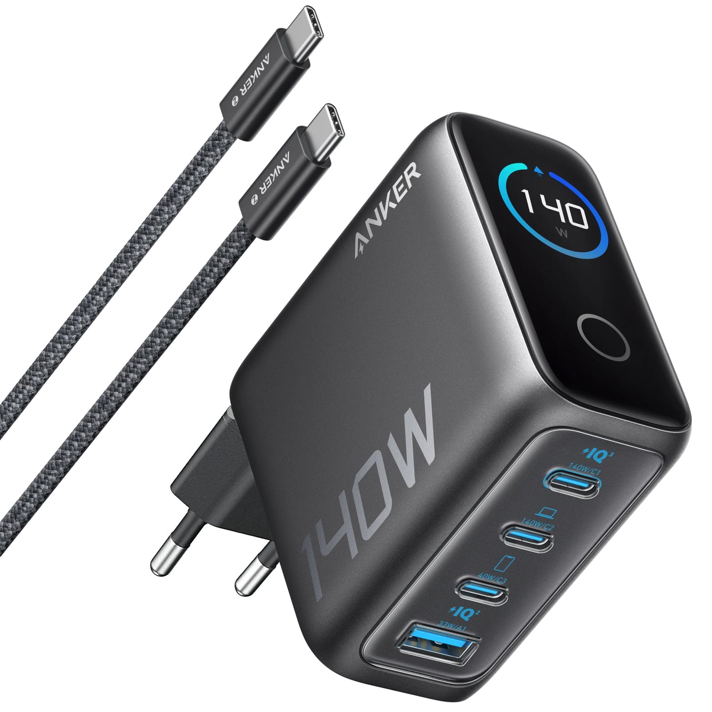 Caricabatterie da rete con cavo USB-C Anker Zolo, 140W, 5A, 1 x USB-A - 3 x USB-C, Nero B2697GZ1
