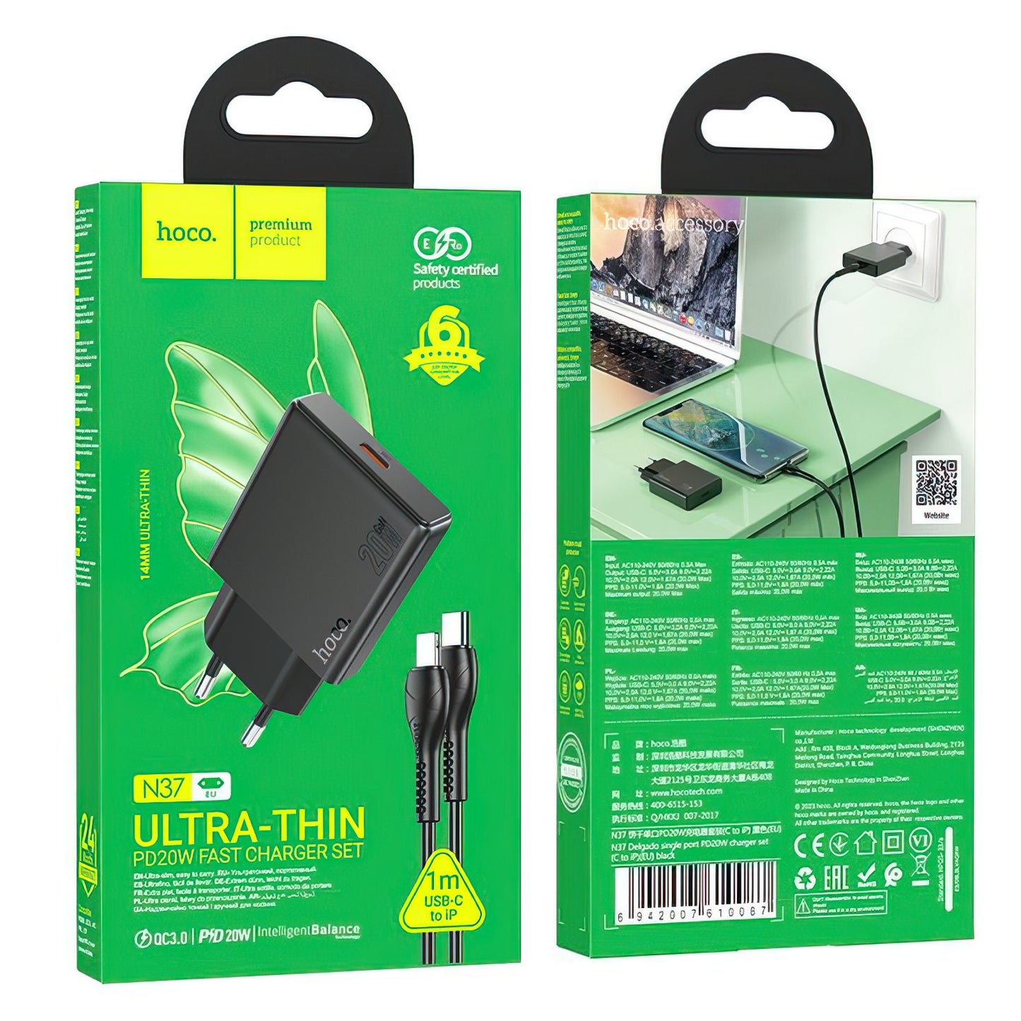 Caricabatterie da Rete con Cavo Lightning HOCO N37, 30W, 3A, 1 x USB-C, Nero