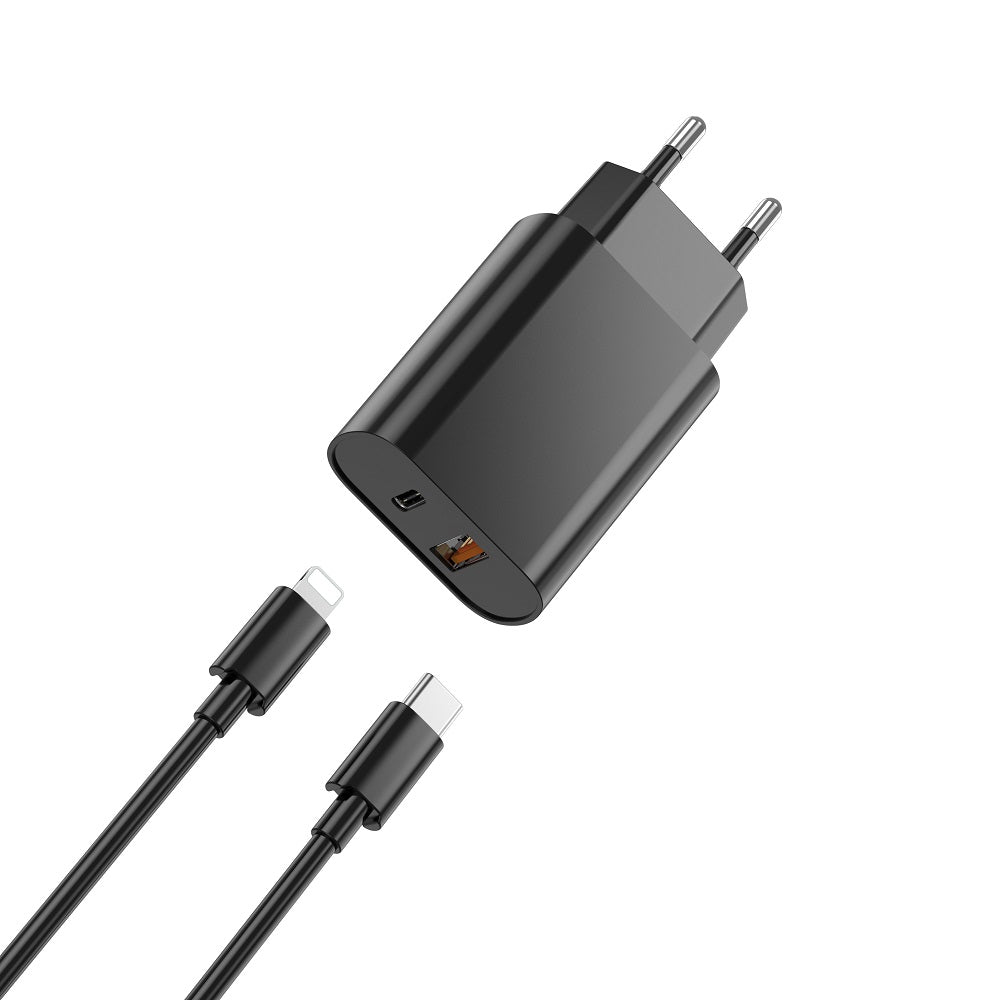 Caricabatterie da Rete con Cavo Lightning WiWu Wi-U002, 20W, 3A, 1 x USB-A - 1 x USB-C, Nero