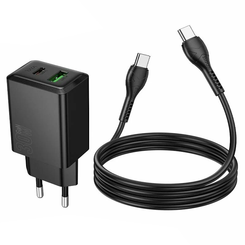 Caricabatterie da Rete con Cavo USB-C HOCO N71, 30W, 3A, 1 x USB-A - 1 x USB-C, Nero