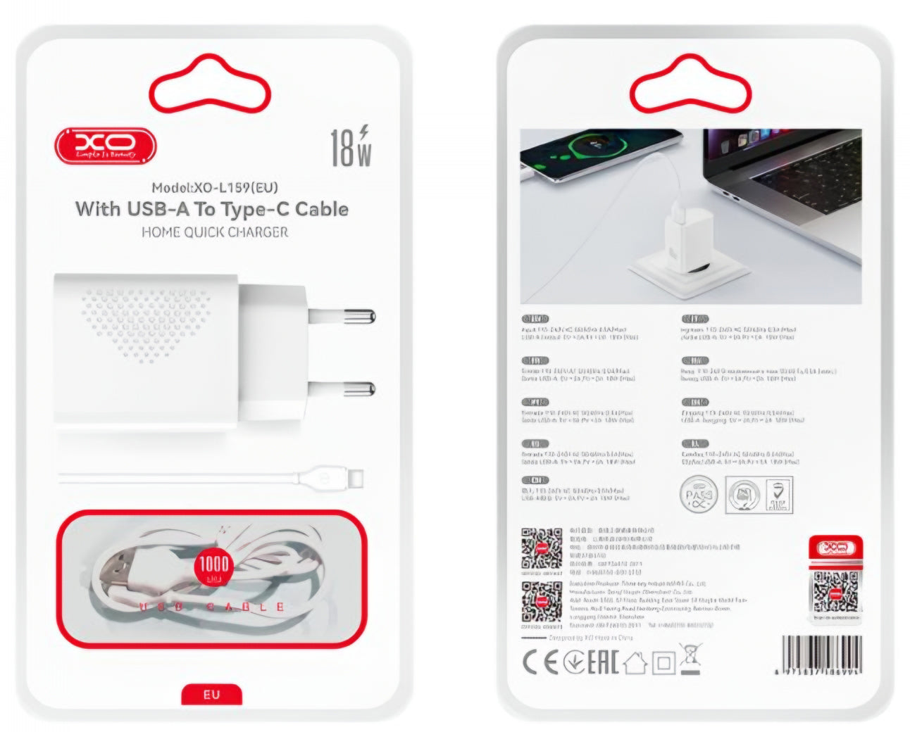 Caricabatterie da Rete con Cavo USB-C XO Design L159, 18W, 3A, 1 x USB-A, Bianco
