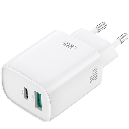 Caricabatterie da Rete con Cavo Lightning XO Design CE30, 30W, 3A, 1 x USB-A - 1 x USB-C, Bianco