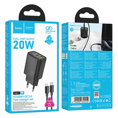 Caricabatterie da rete con cavo Lightning HOCO N61, 20W, 3A, 1 x USB-A - 1 x USB-C, Nero