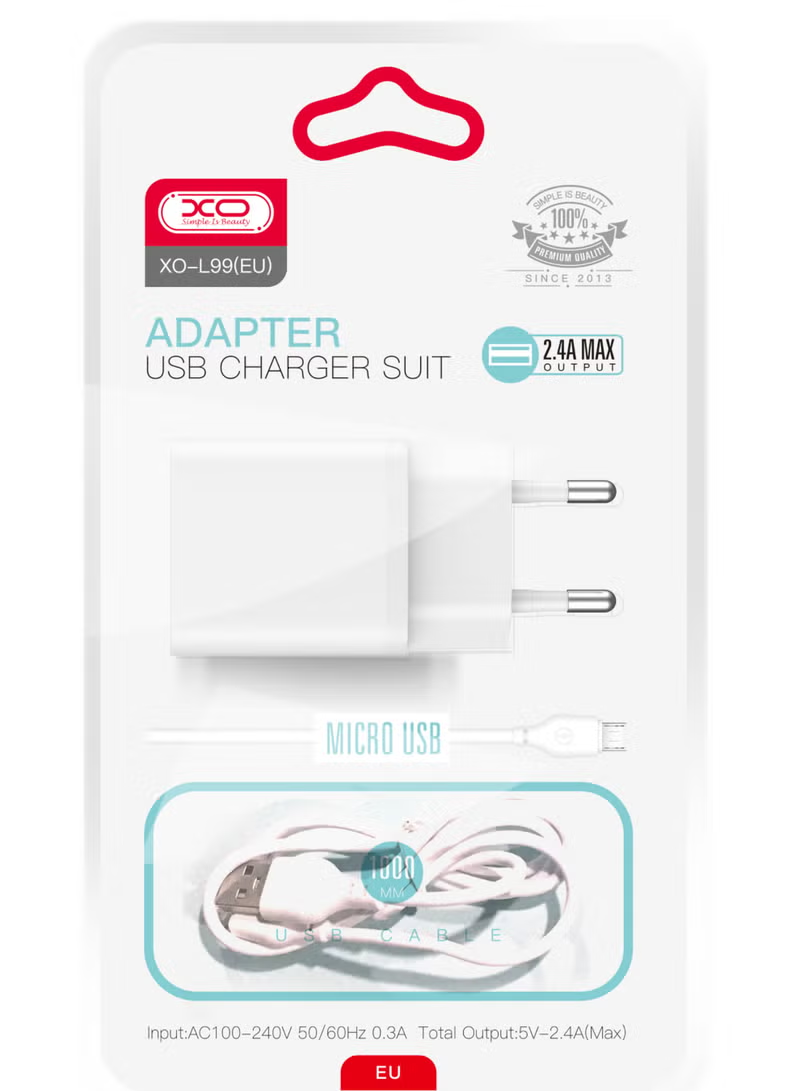 Caricabatterie da Rete con Cavo microUSB XO Design L99, 12W, 2.4A, 1 x USB-A, Bianco