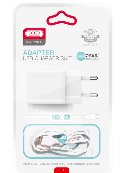 Caricabatterie da Rete con Cavo microUSB XO Design L99, 12W, 2.4A, 1 x USB-A, Bianco