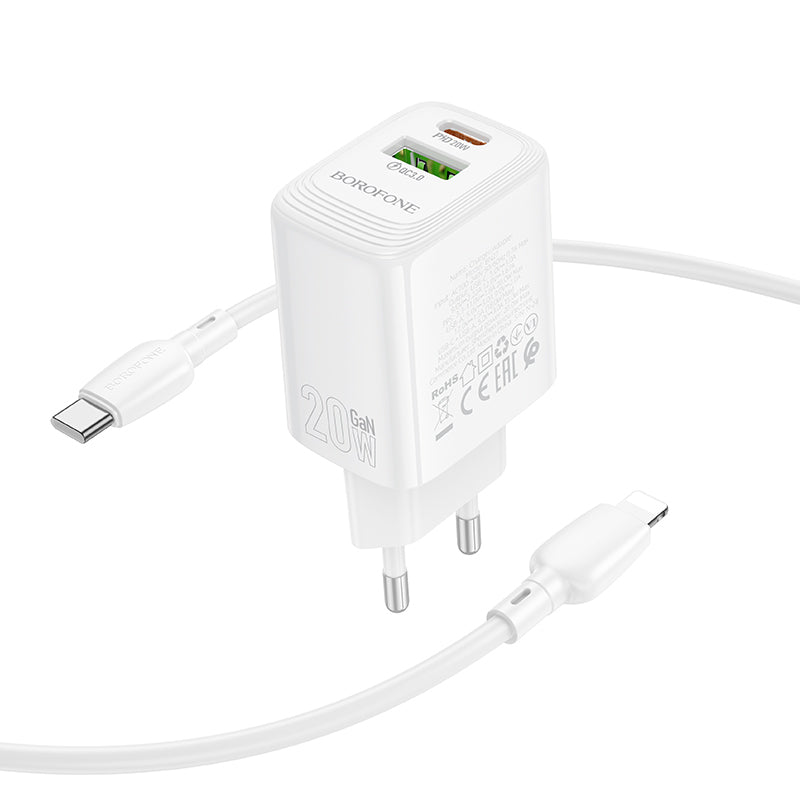 Caricabatterie da rete con cavo Lightning Borofone BN27 Fuente, 20W, 3A, 1 x USB-A - 1 x USB-C, Bianco