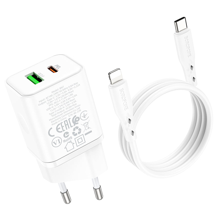 Caricabatterie da Rete con Cavo Lightning Borofone BN7, 20W, 3A, 1 x USB-A - 1 x USB-C, Bianco