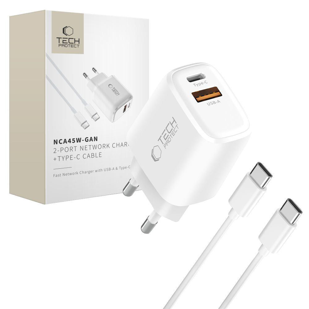 Caricabatterie Rete con Cavo USB-C Tech-Protect NCA45W, 45W, 3A, 1 x USB-A - 1 x USB-C, Bianco