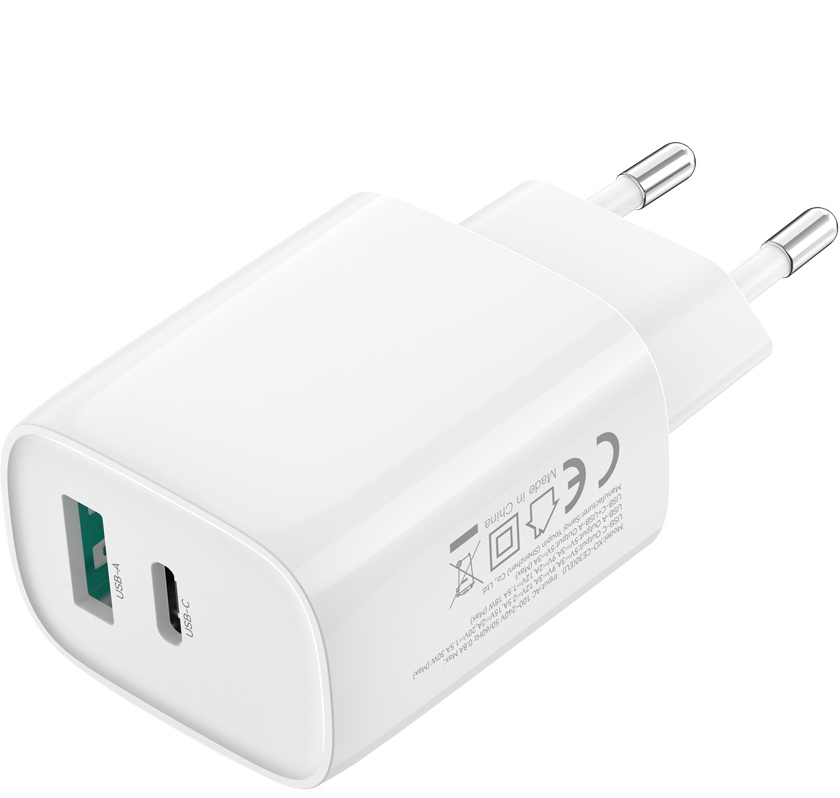 Caricabatterie da rete con cavo USB-C XO Design CE30, 30W, 3A, 1 x USB-A - 1 x USB-C, Bianco