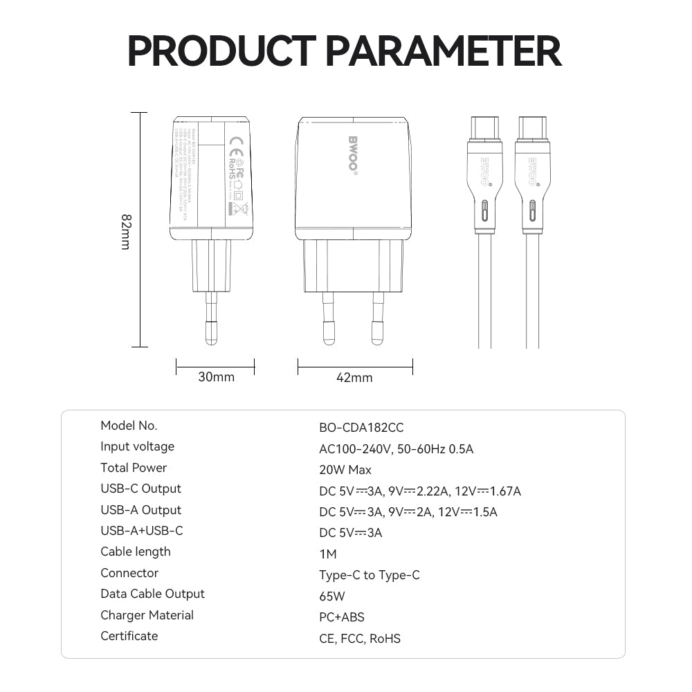 Network Charger with USB-C Cable BWOO CDA182, 38W, 3A, 1 x USB-A - 1 x USB-C, White