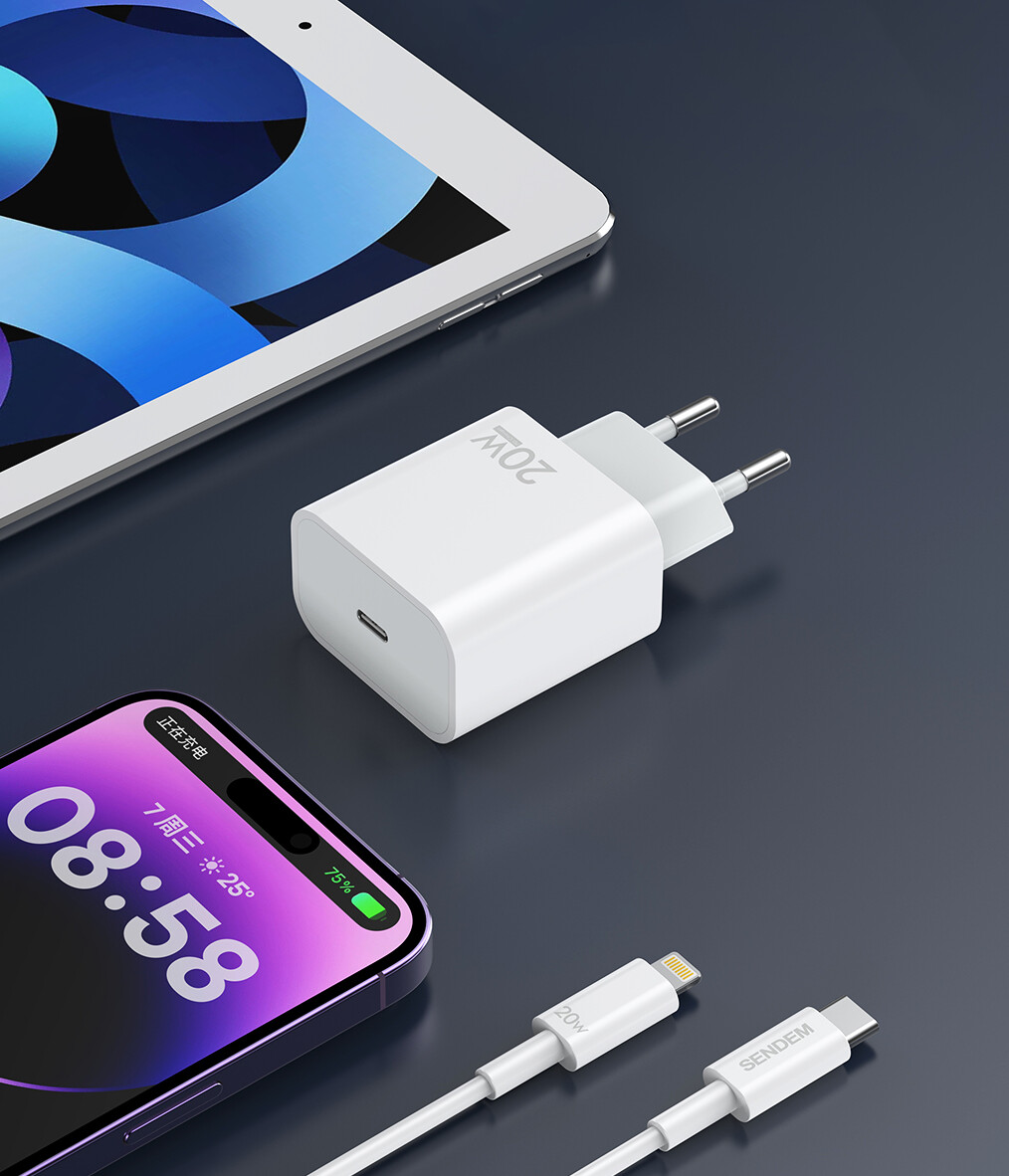 Caricatore da Rete con Cavo USB-C Sendem OG73, 20W, 3A, 1 x USB-C, Bianco