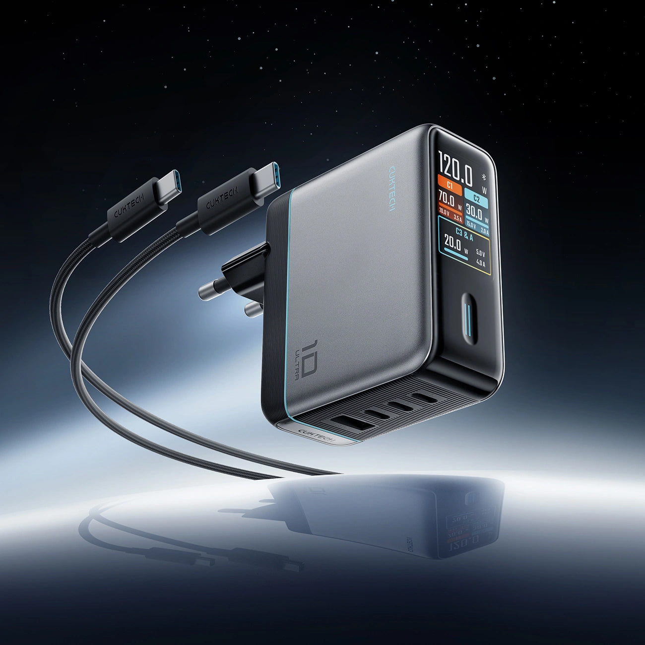 Caricatore da rete con cavo USB-C Cuktech AD1204U Display, 120W, 6A, 1 x USB-A - 2 x USB-C, Argento