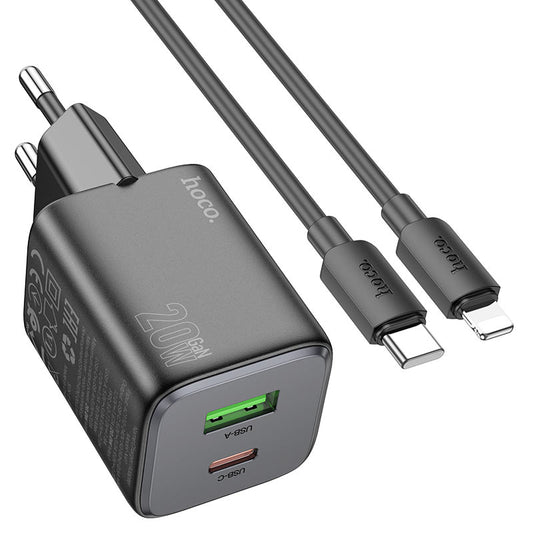 Caricabatterie da rete con cavo Lightning HOCO N41, 20W, 3A, 1 x USB-A - 1 x USB-C, Nero