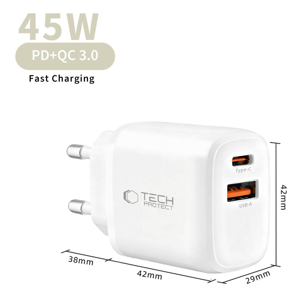 Caricabatterie Rete con Cavo USB-C Tech-Protect NCA45W, 45W, 3A, 1 x USB-A - 1 x USB-C, Bianco
