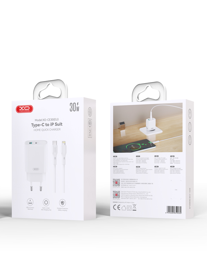 Caricabatterie da Rete con Cavo Lightning XO Design CE30, 30W, 3A, 1 x USB-A - 1 x USB-C, Bianco