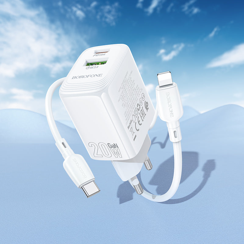 Caricabatterie da rete con cavo Lightning Borofone BN27 Fuente, 20W, 3A, 1 x USB-A - 1 x USB-C, Bianco