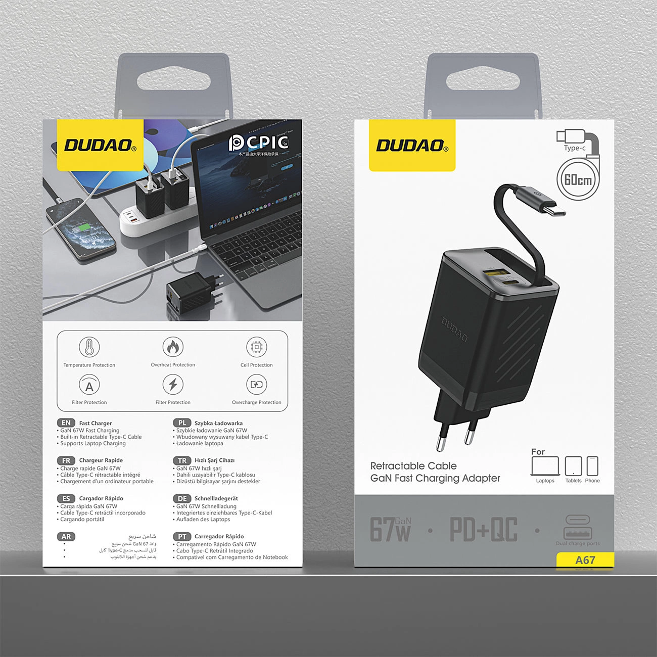 Network Charger with USB-C Cable Dudao A67EU, 67W, 3.35A, 1 x USB-A - 1 x USB-C, Black