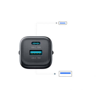 Caricatore da rete con cavo USB-C Joyroom JR-TG7, 33W, 3A, 1 x USB-A - 1 x USB-C, Nero