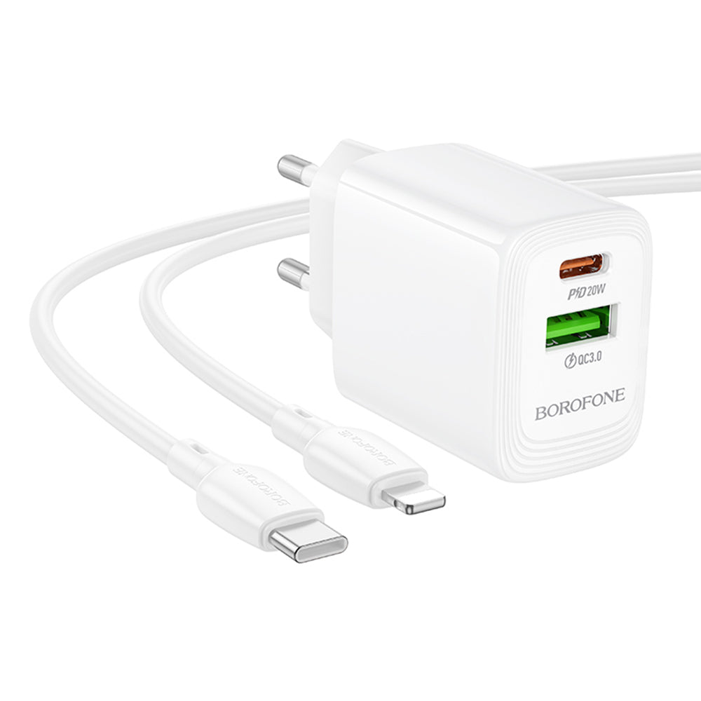 Caricabatterie da rete con cavo Lightning Borofone BN27 Fuente, 20W, 3A, 1 x USB-A - 1 x USB-C, Bianco