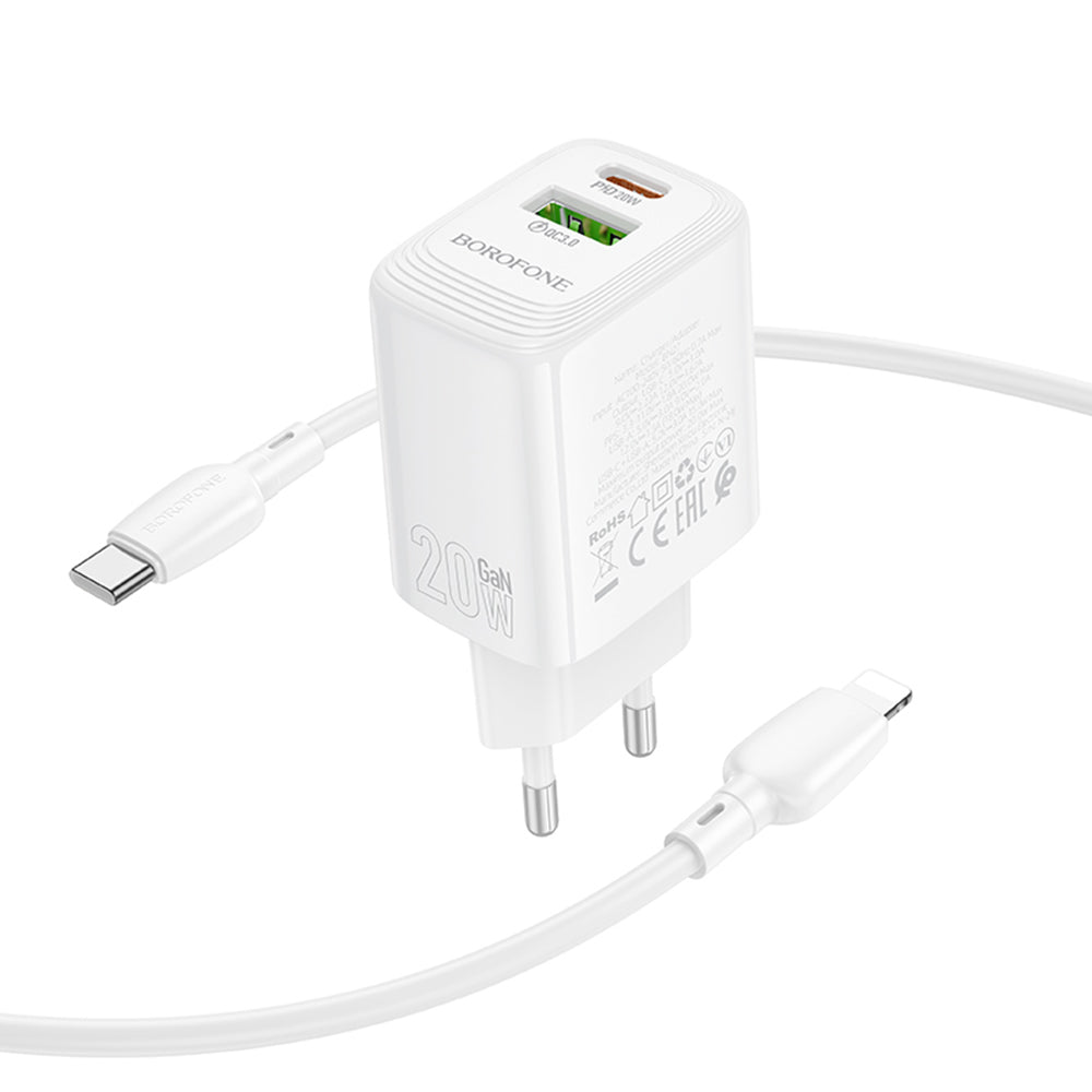Caricabatterie da rete con cavo Lightning Borofone BN27 Fuente, 20W, 3A, 1 x USB-A - 1 x USB-C, Bianco