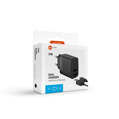 Caricabatterie da rete con cavo microUSB Fixed, 17W, 3A, 2 x USB-A, Nero
