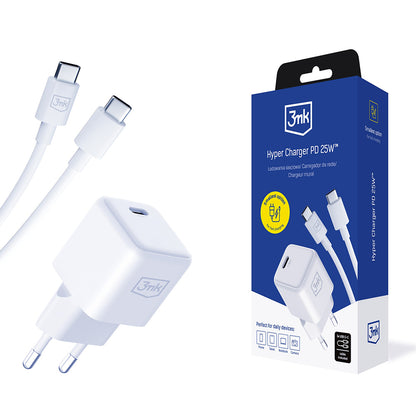 Caricabatterie Rete con Cavo USB-C 3MK Hyper, 25W, 3A, 1 x USB-C, Bianco