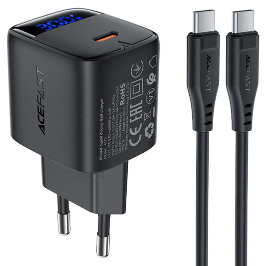 Caricabatterie da rete con cavo USB-C Acefast A115 Display, 30W, 3A, 1 x USB-C, Nero