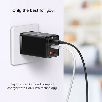 Caricabatterie Rete con Cavo USB-C Baseus GaN5 Pro, 65W, 3.25A, 1 x USB-A - 2 x USB-C, Nero C0206500