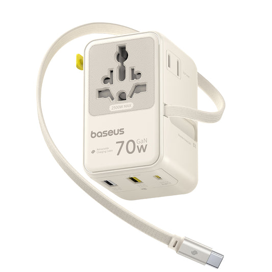 Caricatore da rete con cavo USB-C Baseus Travel EnerCore CG11, 70W, 2 x Presa - 1 x USB-C - 2 x USB-A, Bianco E0307E01