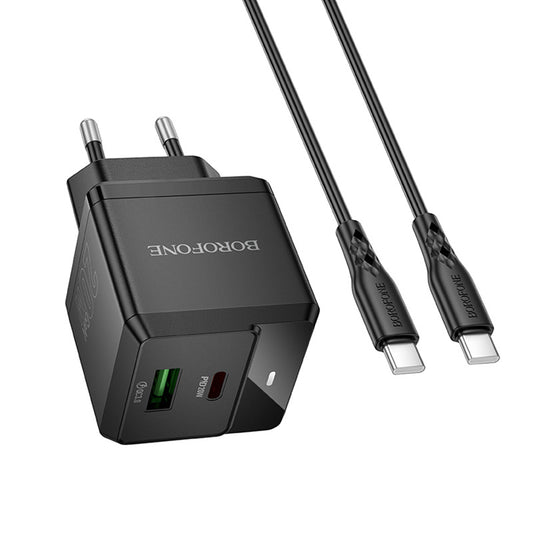 Caricabatterie da Rete con Cavo USB-C Borofone BN19 Intenso, 20W, 3A, 1 x USB-A - 1 x USB-C, Nero