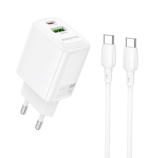 Caricabatterie Rete Con Cavo USB-C Borofone BN27 Fuente, 20W, 3A, 1 x USB-A - 1 x USB-C, Bianco